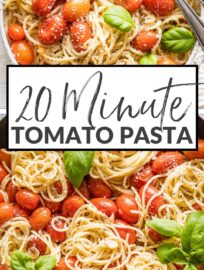 This easy roasted tomato pasta is absolutely delicious and takes just 6 ingredients and about 20 minutes. Al dente pasta is tossed with sweet blistered cherry tomatoes, slivered garlic, and a luscious-yet-light sauce everyone will love.