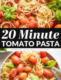 This easy roasted tomato pasta is absolutely delicious and takes just 6 ingredients and about 20 minutes. Al dente pasta is tossed with sweet blistered cherry tomatoes, slivered garlic, and a luscious-yet-light sauce everyone will love.