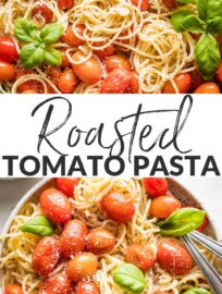 This easy roasted tomato pasta is absolutely delicious and takes just 6 ingredients and about 20 minutes. Al dente pasta is tossed with sweet blistered cherry tomatoes, slivered garlic, and a luscious-yet-light sauce everyone will love.