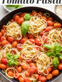 This easy roasted tomato pasta is absolutely delicious and takes just 6 ingredients and about 20 minutes. Al dente pasta is tossed with sweet blistered cherry tomatoes, slivered garlic, and a luscious-yet-light sauce everyone will love.
