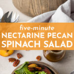 The easiest, most delicious thing to make with late summer nectarines! A simple spinach salad recipe gets dressed up with sliced nectarines, sweet toasted pecans, and a drizzle of tangy balsamic vinaigrette. This salad goes with everything, is easy to throw together, and gives you another creative option for using the gorgeous late summer stone fruit! #spinachsalad #nectarines #summerrecipes #summersalad