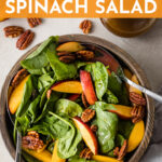 The easiest, most delicious thing to make with late summer nectarines! A simple spinach salad recipe gets dressed up with sliced nectarines, sweet toasted pecans, and a drizzle of tangy balsamic vinaigrette. This salad goes with everything, is easy to throw together, and gives you another creative option for using the gorgeous late summer stone fruit! #spinachsalad #nectarines #summerrecipes #summersalad