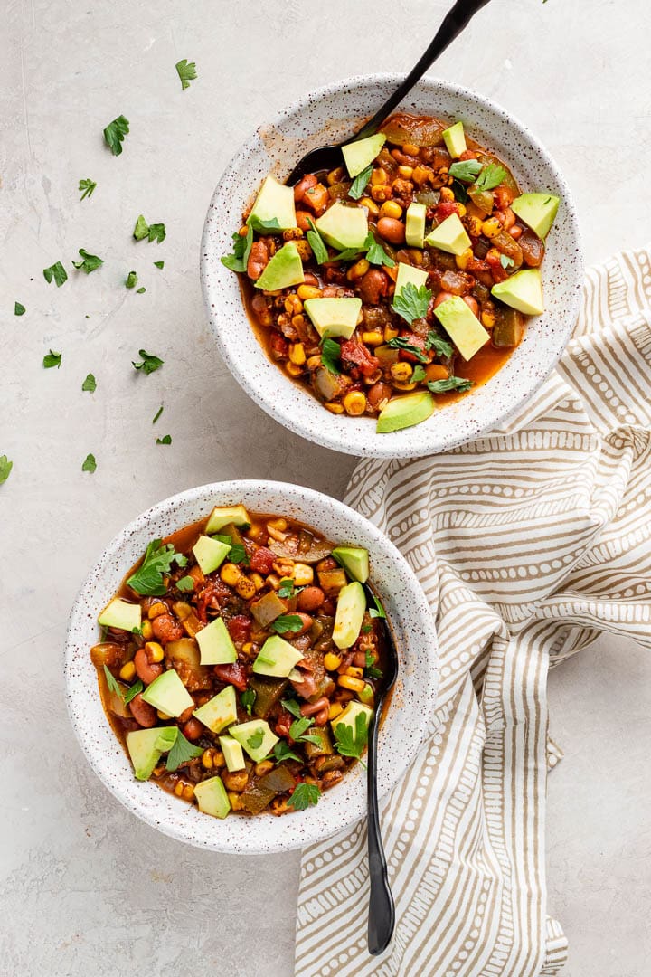 Two bowls of summer vegetable chili.
