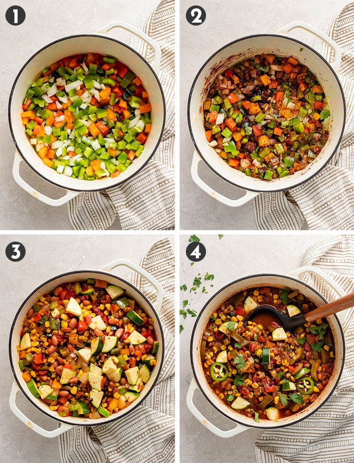Step by step photos showing the process of adding and cooking ingredients to make summer vegetable chili on the stovetop.