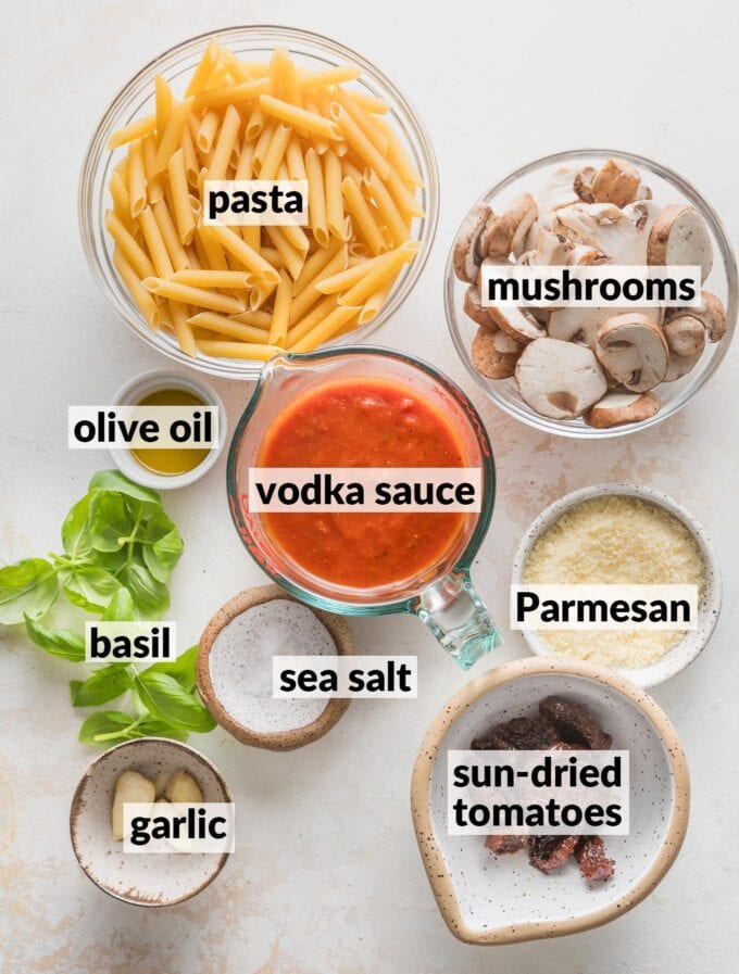 Labeled overhead image of vodka sauce, dried penne, sliced mushrooms, sun-dried tomatoes, garlic, fresh basil, olive oil, sea salt, and Parmesan cheese, all in prep bowls and ready to cook.
