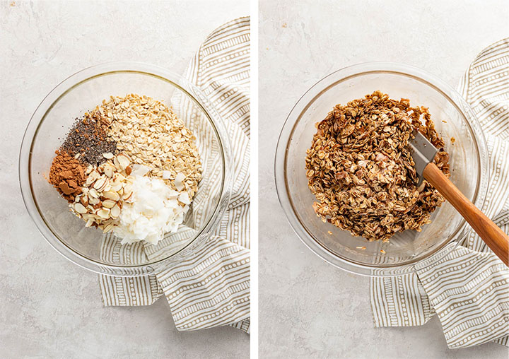 Mixing bowls showing ingredients for chocolate granola, before and after stirring.