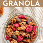 An easy, healthy recipe for dark chocolate granola with raspberries. Make a big batch and enjoy a delicious breakfast all week! #granola #homemade #breakfastideas #makeaheadbreakfast