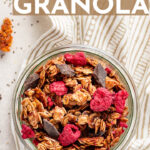 An easy, healthy recipe for dark chocolate granola with raspberries. Make a big batch and enjoy a delicious breakfast all week! #granola #homemade #breakfastideas #makeaheadbreakfast