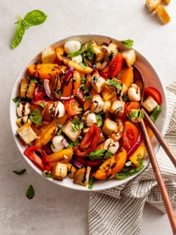 A drool-worthy dish of Marinated Mozzarella Panzanella.