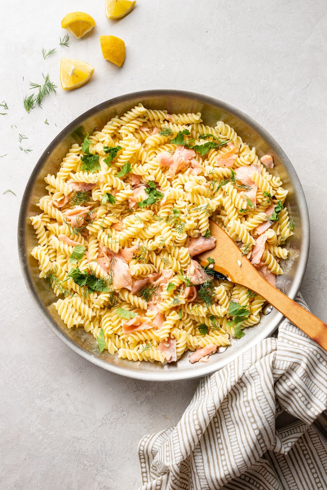 Large skillet filled with Creamy Smoked Salmon Pasta.