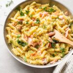 Large skillet filled with Creamy Smoked Salmon Pasta.