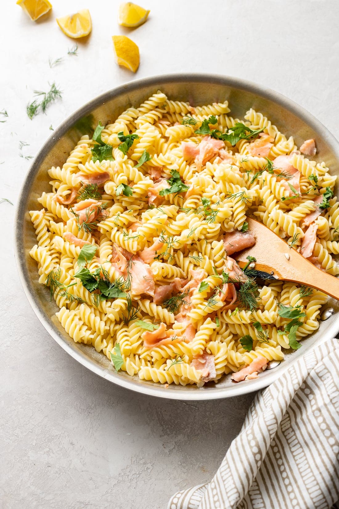 Large skillet filled with Creamy Smoked Salmon Pasta.