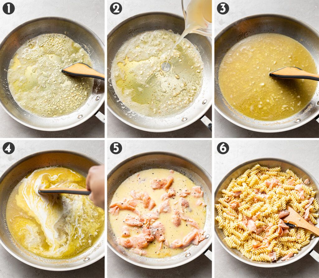 Six images showing the process of making a creamy sauce with smoked salmon to go with pasta.