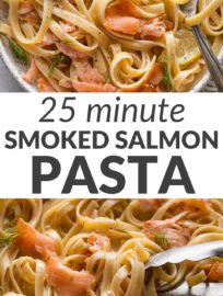 This creamy smoked salmon pasta recipe is ready in less than 25 minutes and the perfect marriage of impressive yet easy to make. Tender flakes of smoked salmon add something special to tendrils of pasta, fresh herbs, and a silky pan sauce. The result: a great dinner for date night, guests, or any weeknight that deserves to feel elevated.