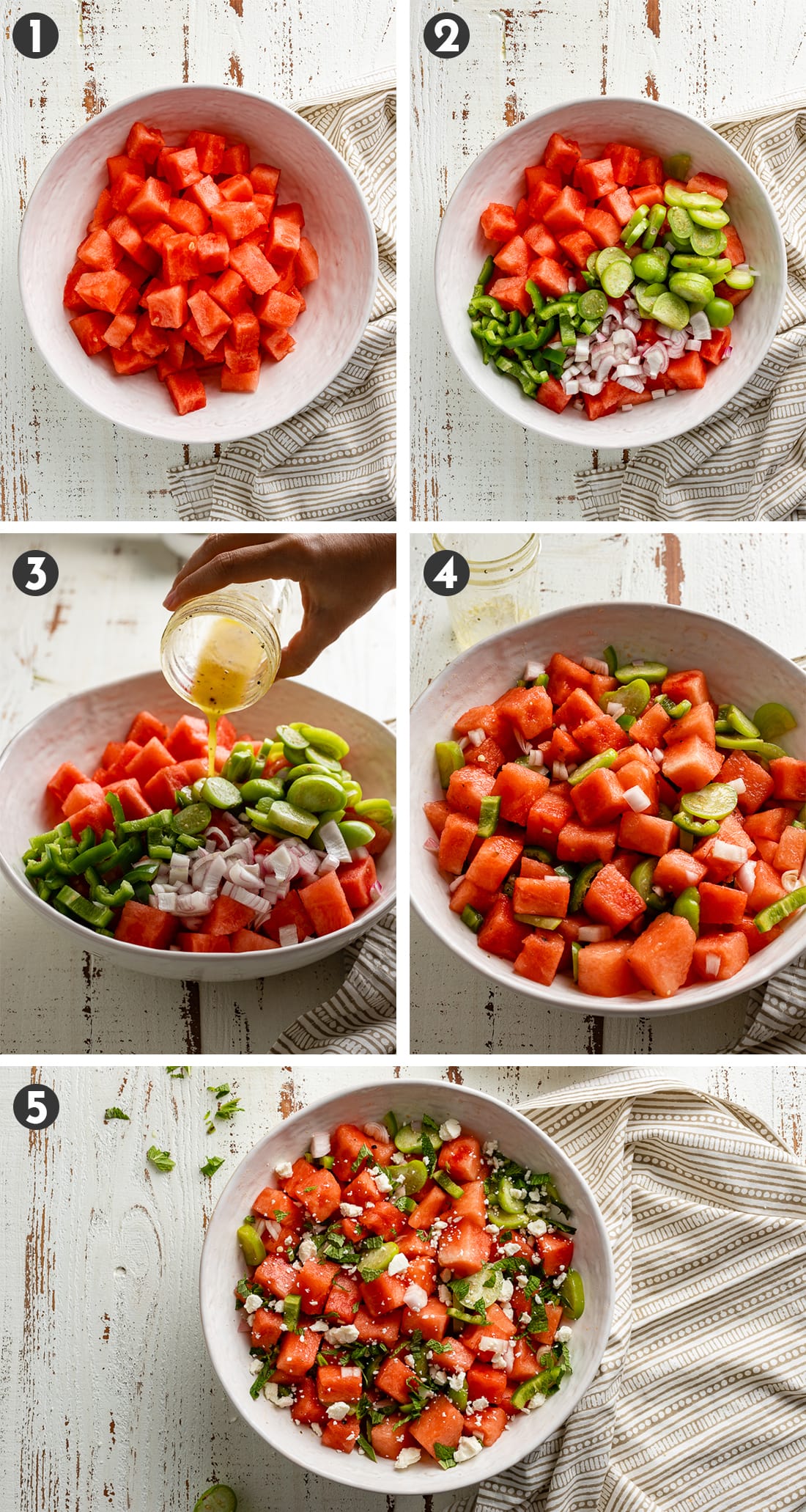Step-by-step photos showing how to assemble a chilled watermelon salad.