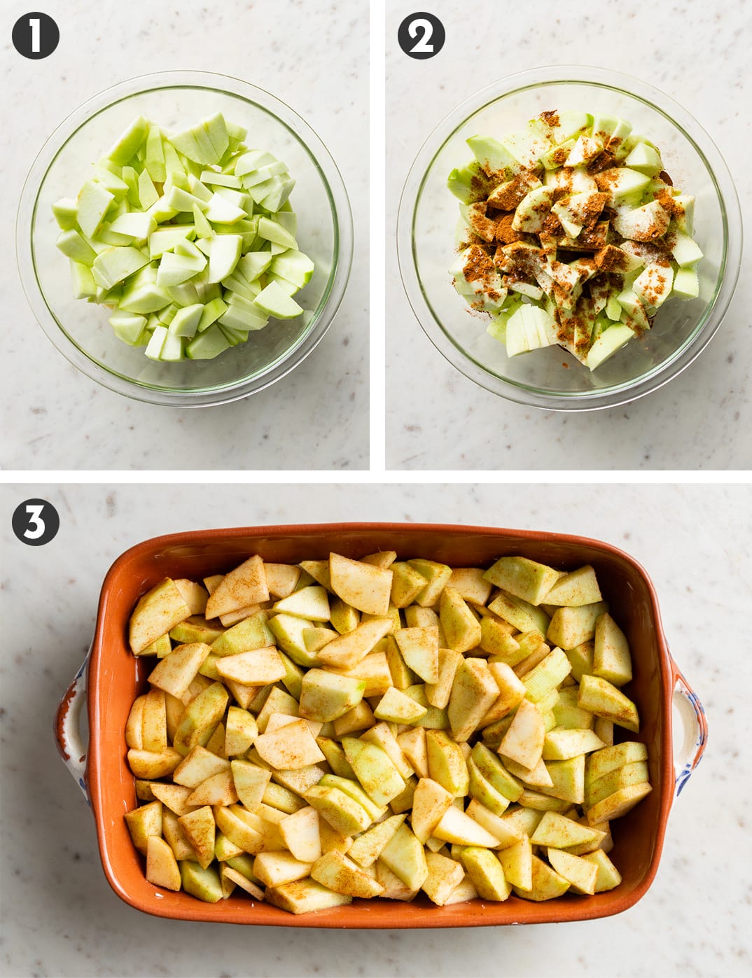 Bowl filled with sliced apples, then tossed with spices and spread in a small rectangular baking dish.