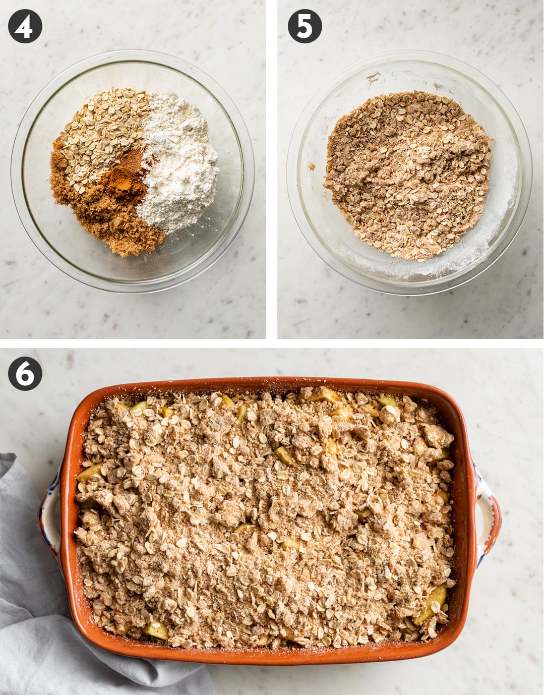 Bowl filled with oats, brown sugar, flour, and spices, separate, mixed together, then spread on top of apples.