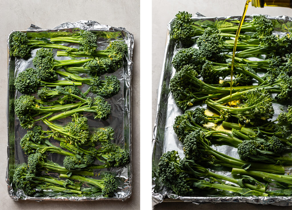 Broccolini spread out on a sheet pan, and an action shot of drizzling olive oil on top.