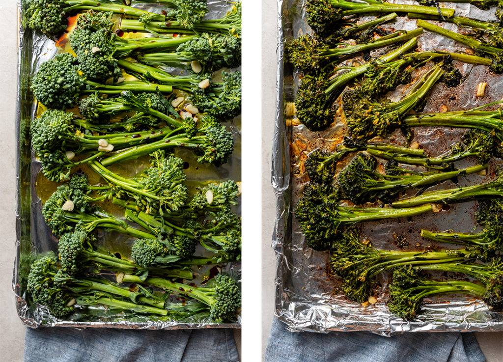 Before and after photos of roasted broccolini on a sheet pan.