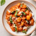 Close-up of a bowl filled with gnocchi alla vodka.