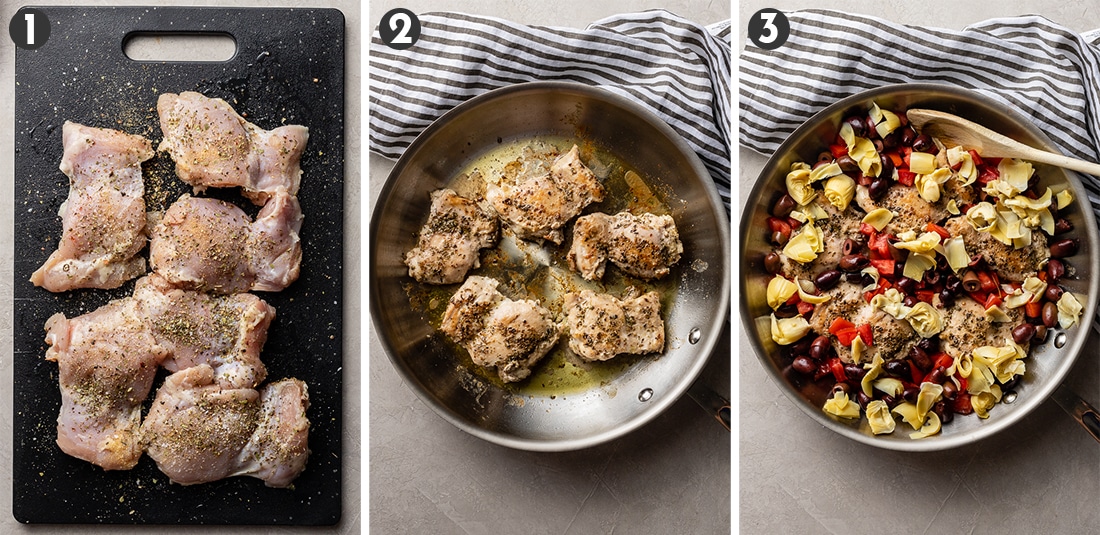 Step by step photos of seasoned chicken on a cutting board, chicken browned in a skillet, and chicken with additional ingredients ready to cook.