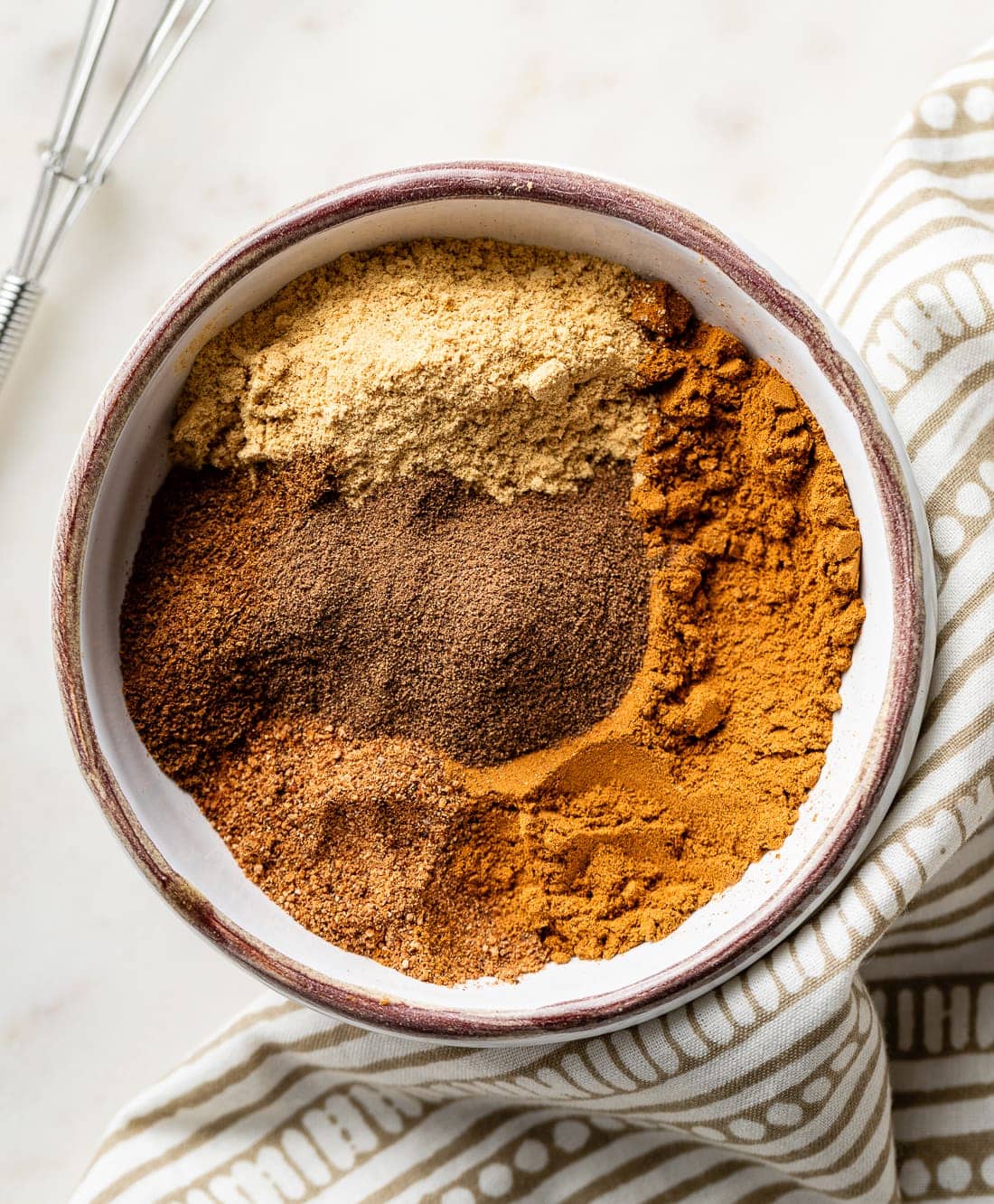 Cinnamon, ginger, nutmeg, cloves, and allspice in a small white bowl.