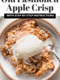 Everyone will love this old fashioned apple crisp! Tender baked apples, a crackly and buttery brown sugar oat topping, and the warmth of cinnamon and nutmeg add up to the ultimate fall dessert.