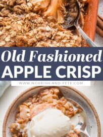 Everyone will love this old fashioned apple crisp! Tender baked apples, a crackly and buttery brown sugar oat topping, and the warmth of cinnamon and nutmeg add up to the ultimate fall dessert.