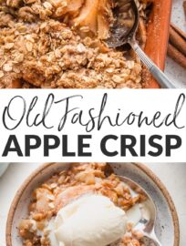 Everyone will love this old fashioned apple crisp! Tender baked apples, a crackly and buttery brown sugar oat topping, and the warmth of cinnamon and nutmeg add up to the ultimate fall dessert.