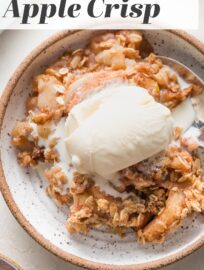 Everyone will love this old fashioned apple crisp! Tender baked apples, a crackly and buttery brown sugar oat topping, and the warmth of cinnamon and nutmeg add up to the ultimate fall dessert.