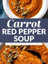 Serve this creamy Carrot Red Pepper Soup for an easy, healthy, and delicious meal! Flavorful and simple to make from just a few everyday ingredients, this is a tasty, veggie-forward spin on cozy comfort food.