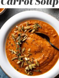 Serve this creamy Carrot Red Pepper Soup for an easy, healthy, and delicious meal! Flavorful and simple to make from just a few everyday ingredients, this is a tasty, veggie-forward spin on cozy comfort food.