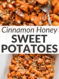 We love this healthier but still sweet and delicious sweet potato side dish. One bite and you'll be obsessed! Richly-hued sweet potatoes are coated in cinnamon-infused honey butter, baked to tender perfection, and finished with an optional oat pecan topping.
