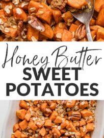 We love this healthier but still sweet and delicious sweet potato side dish. One bite and you'll be obsessed! Richly-hued sweet potatoes are coated in cinnamon-infused honey butter, baked to tender perfection, and finished with an optional oat pecan topping.
