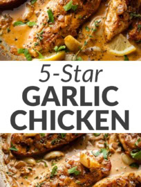 This creamy garlic chicken with thyme tastes absolutely gourmet yet is ready in 30 minutes with a simple skillet technique. Chicken cutlets are seared to tender perfection, nestled in a mouth-watering garlic cream sauce, and completed with lightly caramelized onions and a hint of lemon for an irresistible yet easy dinner.