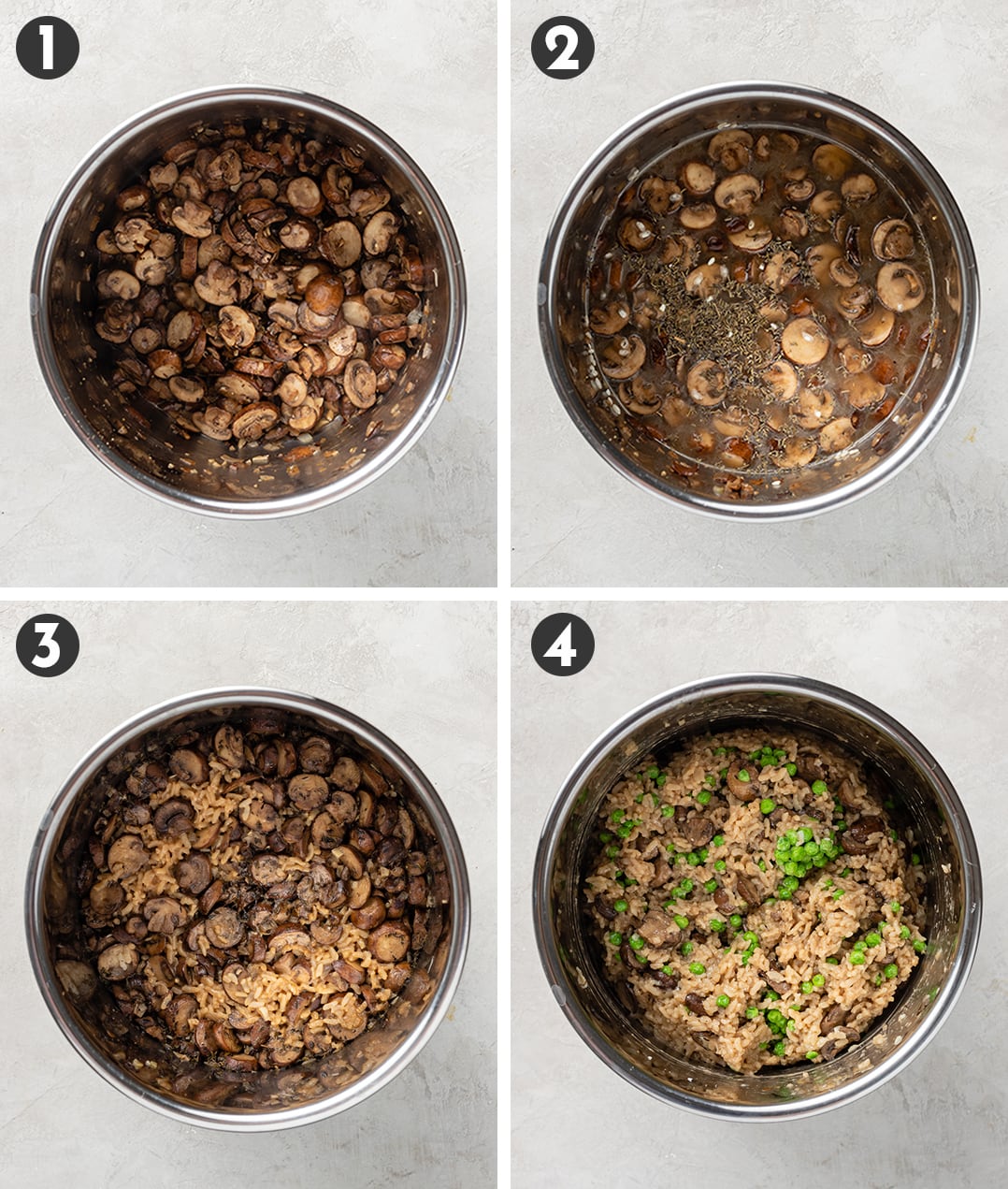 Step by step photos showing (1) mushrooms sauteed in Instant Pot, (2) those mushrooms with broth and seasoning, (3) that mixture cooked with arborio rice, (4) a finished risotto with peas stirred in.
