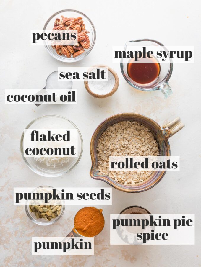 Labeled overhead photo of rolled oats, maple syrup, pure pumpkin puree, pumpkin pie spice, pecans, sea salt, flaked coconut, coconut oil, and pumpkin seeds, all measured into prep bowls and ready to cook.