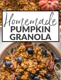 Maple pumpkin granola is a true delight, loaded with real pumpkin, maple syrup, oats, pecan, pumpkin seeds, and plenty of cozy spices. It's also easy to make, naturally vegan and gluten-free, and all-around irresistible. One of my family's most requested fall breakfasts and snacks!