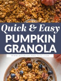 Maple pumpkin granola is a true delight, loaded with real pumpkin, maple syrup, oats, pecan, pumpkin seeds, and plenty of cozy spices. It's also easy to make, naturally vegan and gluten-free, and all-around irresistible. One of my family's most requested fall breakfasts and snacks!