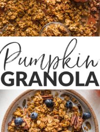 Maple pumpkin granola is a true delight, loaded with real pumpkin, maple syrup, oats, pecan, pumpkin seeds, and plenty of cozy spices. It's also easy to make, naturally vegan and gluten-free, and all-around irresistible. One of my family's most requested fall breakfasts and snacks!