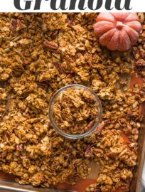 Maple pumpkin granola is a true delight, loaded with real pumpkin, maple syrup, oats, pecan, pumpkin seeds, and plenty of cozy spices. It's also easy to make, naturally vegan and gluten-free, and all-around irresistible. One of my family's most requested fall breakfasts and snacks!