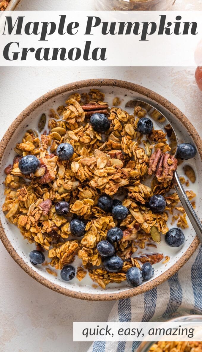 Maple pumpkin granola is a true delight, loaded with real pumpkin, maple syrup, oats, pecan, pumpkin seeds, and plenty of cozy spices. It's also easy to make, naturally vegan and gluten-free, and all-around irresistible. One of my family's most requested fall breakfasts and snacks!