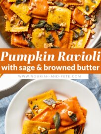 This easy recipe elevates store-bought pumpkin ravioli with sage brown butter sauce, toasted walnuts, and a surprise finishing touch. This is a dreamy fall dinner, and best of all it takes just 25 minutes!