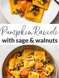 This easy recipe elevates store-bought pumpkin ravioli with sage brown butter sauce, toasted walnuts, and a surprise finishing touch. This is a dreamy fall dinner, and best of all it takes just 25 minutes!