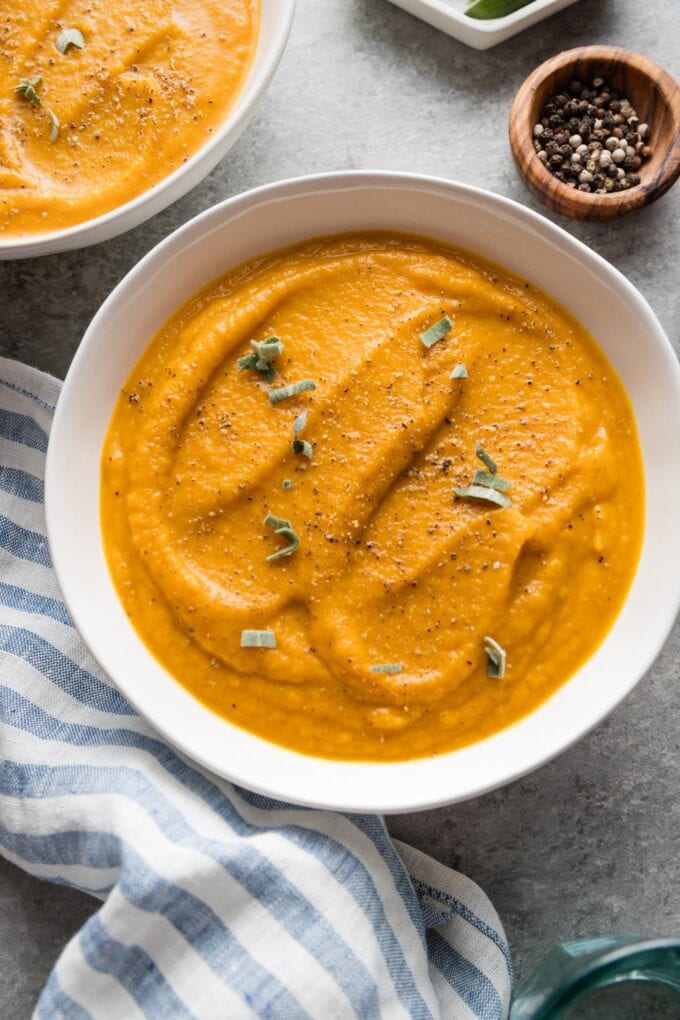 Extra smooth butternut squash soup roasted then blended in a Vitamix.