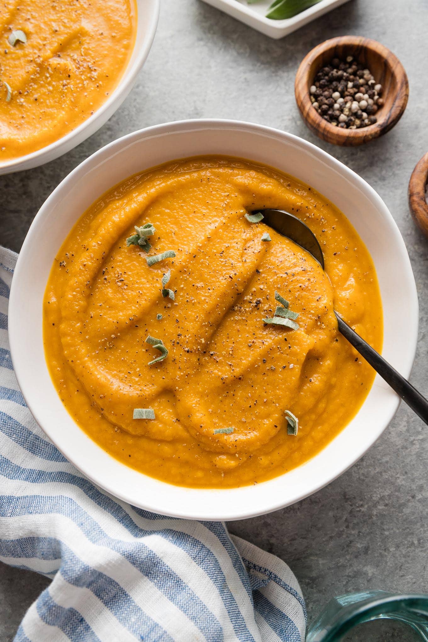 Bowl of velvety roasted butternut squash soup.