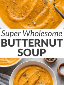 Cozy, filling, and wholesome, roasted butternut squash soup will warm you from the inside out. I love how this recipe recruits your oven for all the heavy lifting; the hands-off method is tailor-made to coax all the best flavor from vibrant butternut, carrots, onion, sage, and thyme. The end result is a rich, velvety soup made entirely of vegetables and broth—no cream or other dairy in sight.