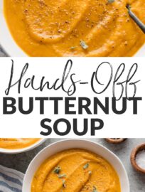 Cozy, filling, and wholesome, roasted butternut squash soup will warm you from the inside out. I love how this recipe recruits your oven for all the heavy lifting; the hands-off method is tailor-made to coax all the best flavor from vibrant butternut, carrots, onion, sage, and thyme. The end result is a rich, velvety soup made entirely of vegetables and broth—no cream or other dairy in sight.