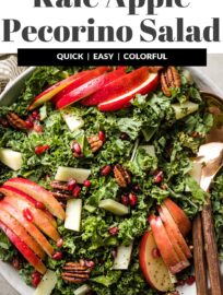 Colorful and satisfying, this Kale Apple Salad is rounded out with tangy Pecorino cheese, sweet pomegranate arils, and irresistibly crunchy glazed pecans. This is a simple yet elegant way to get your greens and is as delightful for everyday meals as it is for fall and winter holiday menus.