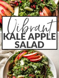 Colorful and satisfying, this Kale Apple Salad is rounded out with tangy Pecorino cheese, sweet pomegranate arils, and irresistibly crunchy glazed pecans. This is a simple yet elegant way to get your greens and is as delightful for everyday meals as it is for fall and winter holiday menus.
